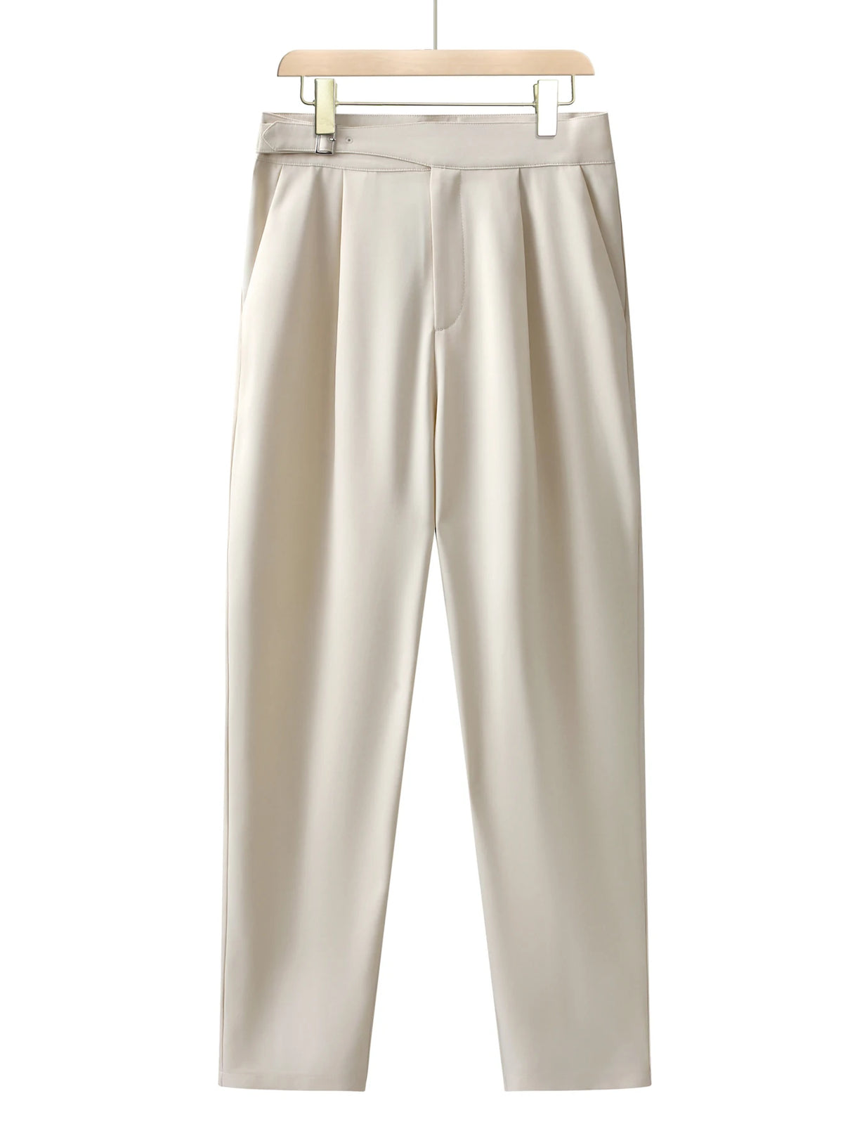 Men's high-waisted cropped chinos, slim-fit beige casual trousers for business and commuting, tapered dress pants