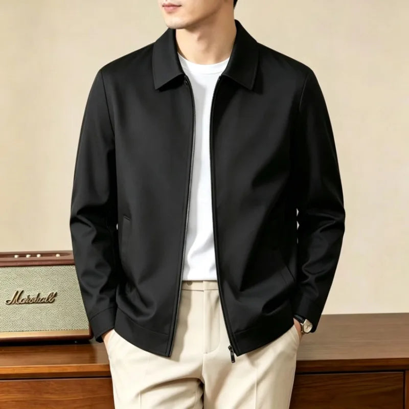Men's Turn-down Collar Jacket Old Money Style Solid Color Casual Outerwear 2026 Autumn New Zip-up Coat