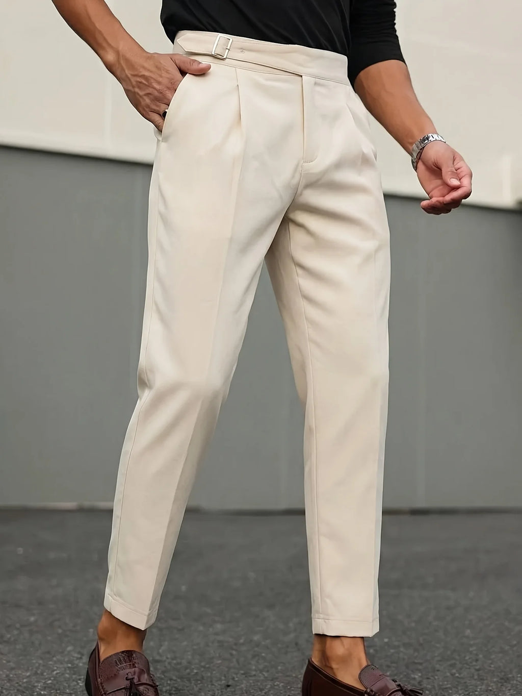 Men's high-waisted cropped chinos, slim-fit beige casual trousers for business and commuting, tapered dress pants